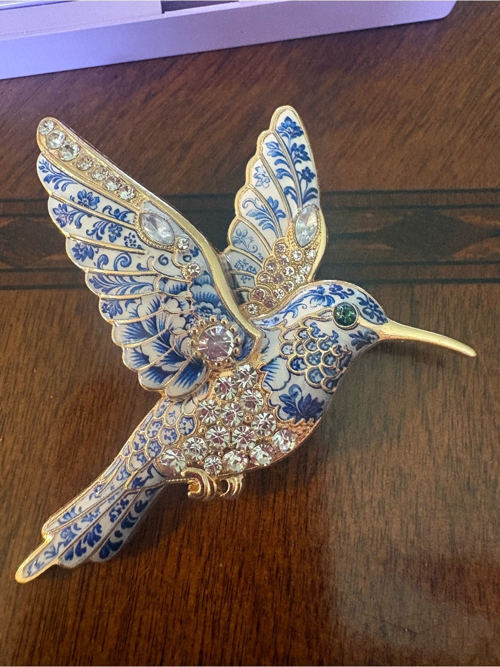 Elegant Blue & Gold Hummingbird Decorative Pin - Ornate Bird Brooch